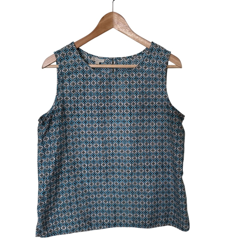 Talbots Womens Blue Geometric Tile Print Sleeveless Cotton Shell Top Large L